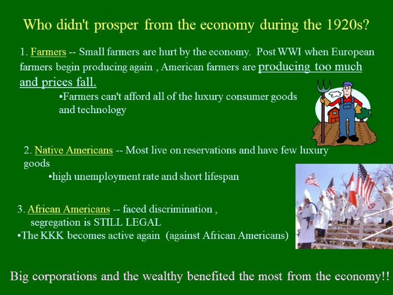 Who didn't prosper from the economy during the 1920s? 1. Farmers -- Small farmers